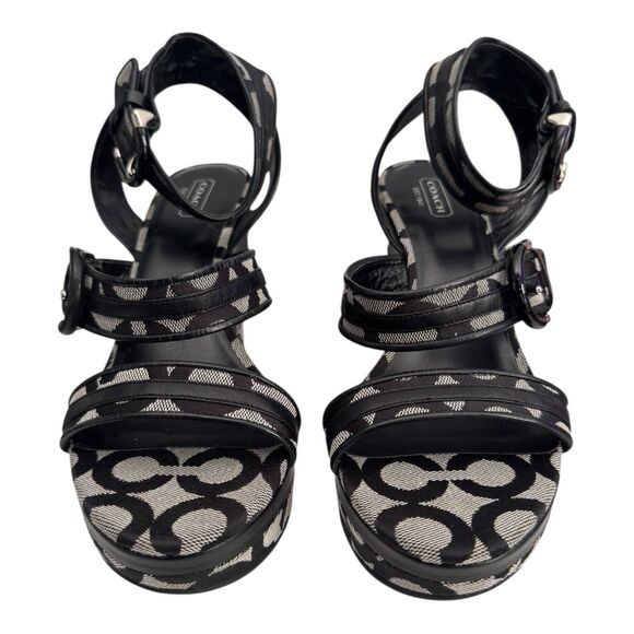 Coach Logo Maralee Wedge Jacquard Sandals Women’s 8.5B Black/Gray - Picture 5 of 9